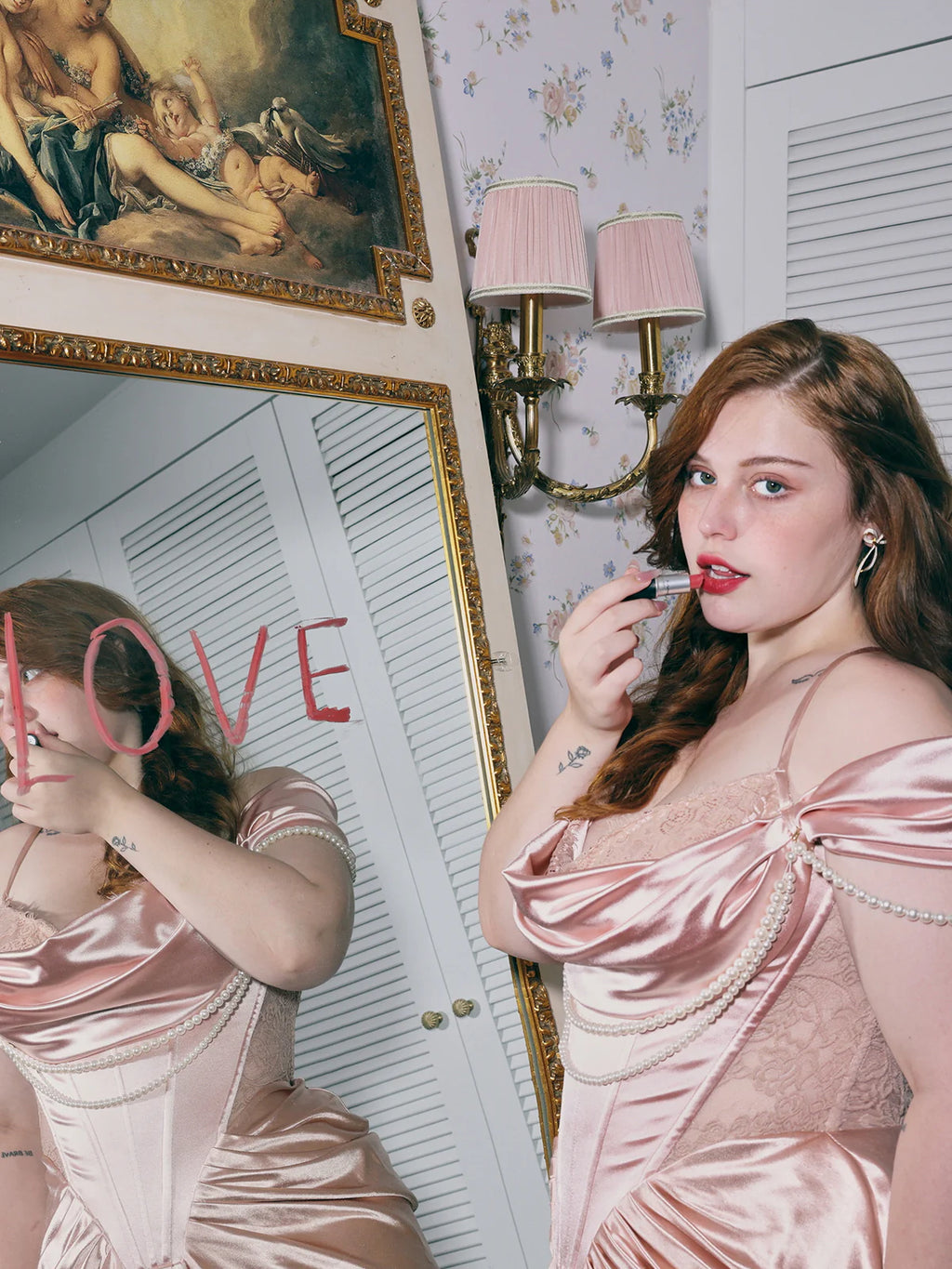 Opulent Pearl Drape Satin Corset Gown