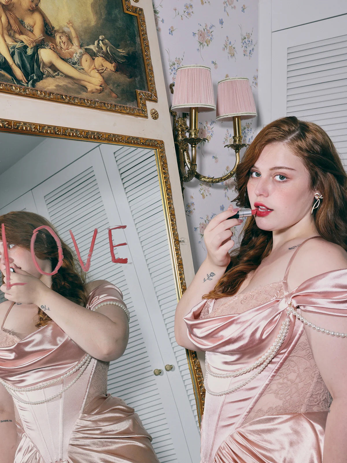 Opulent Pearl Drape Satin Corset Gown