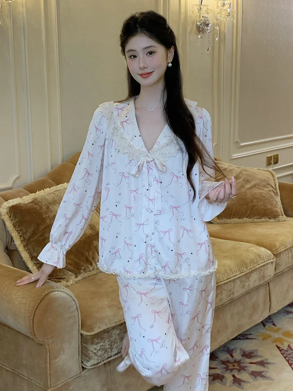 Pink Bow Charm Satin Pajama Set