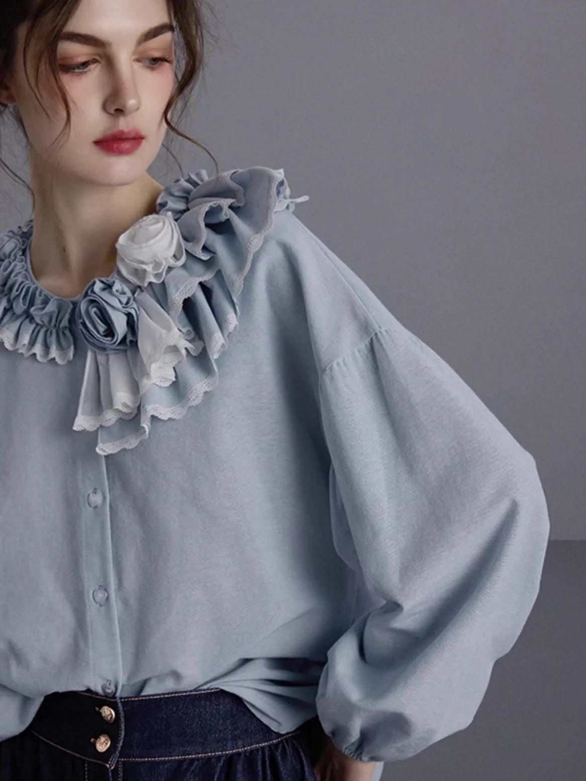 Blue Ruffled Linen-Blend Blouse