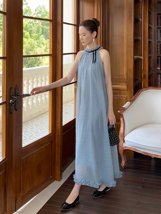 Blue Polka Dot Halter Maxi Dress