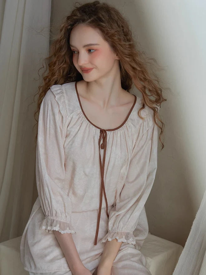 Vintage Ruffled Lace Trim Pajama Set