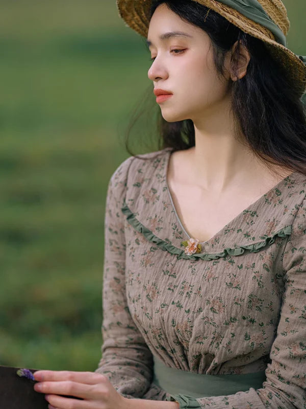 Whispering Meadow Floral Dress with Green Frill