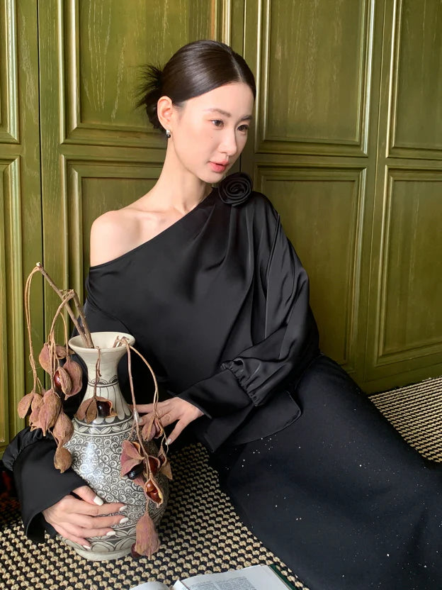 Off-Shoulder Flower Accent Blouse