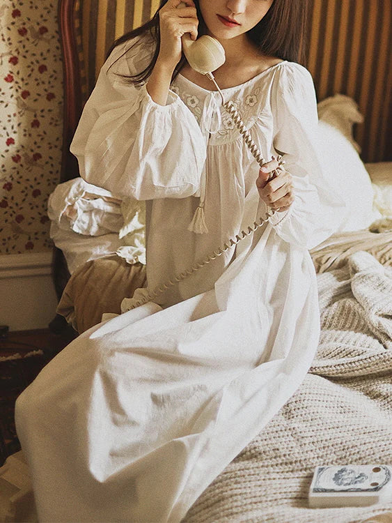 Blossom Embroidery White Cotton Nightgown