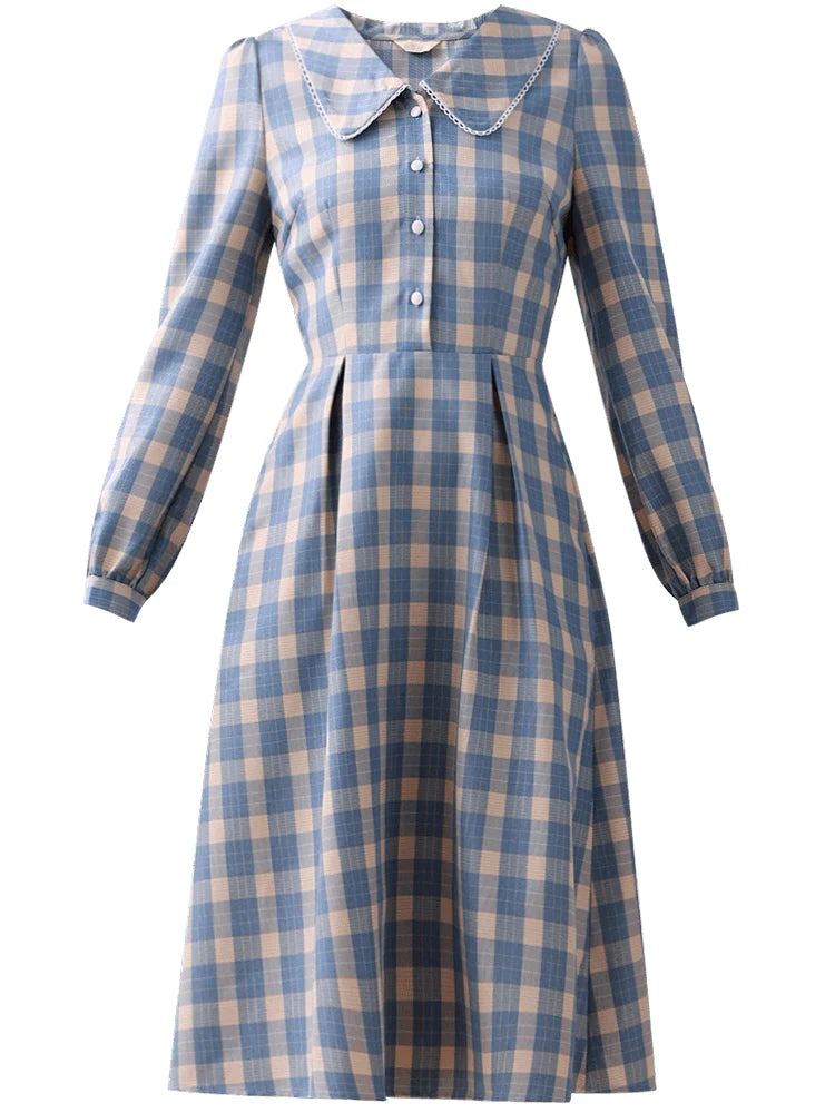 Vintage Blue Plaid Lace Trim Dress