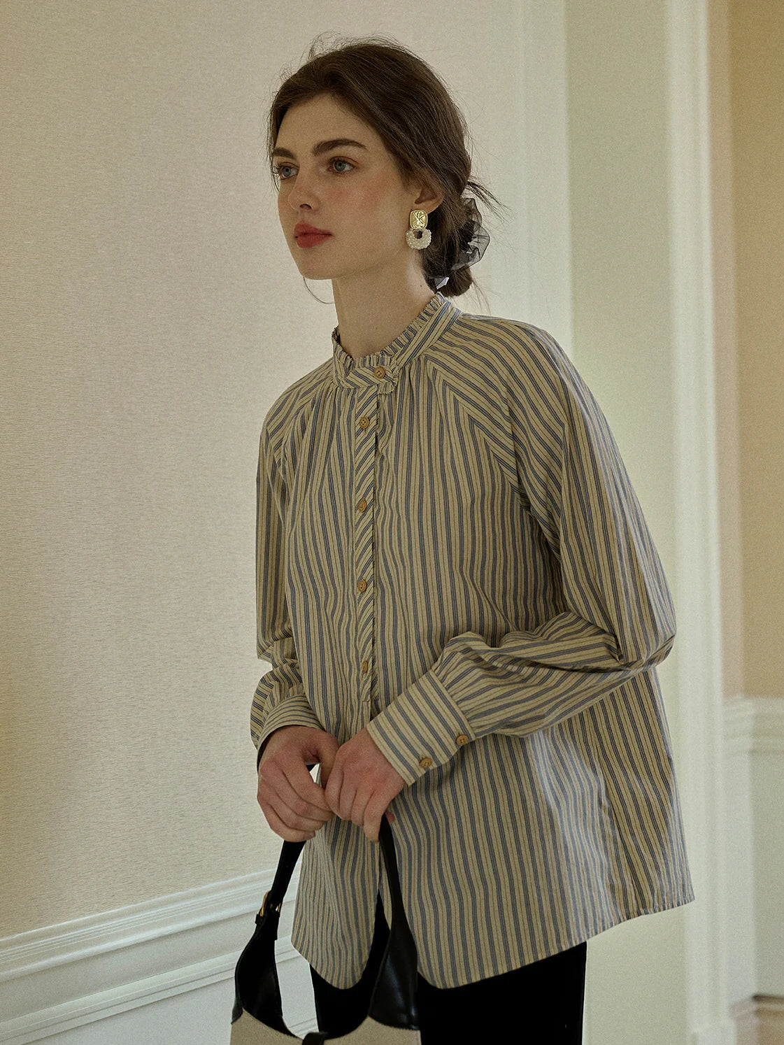 Striped Ruffle Collar Cotton Blouse