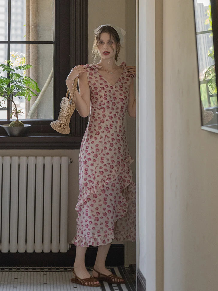 Romantic Rose Garden Ruffled Wrap Dress