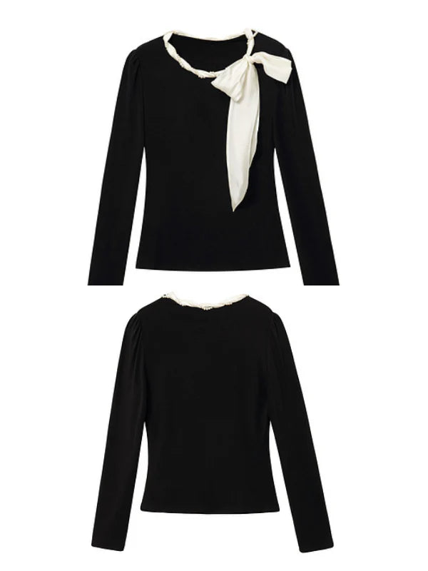 Elegant Pearl-Trimmed Bow Knit Top