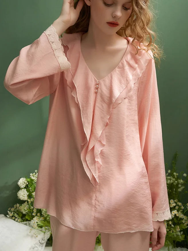 Elegant Ruffled Lace-Trim Pajama Set