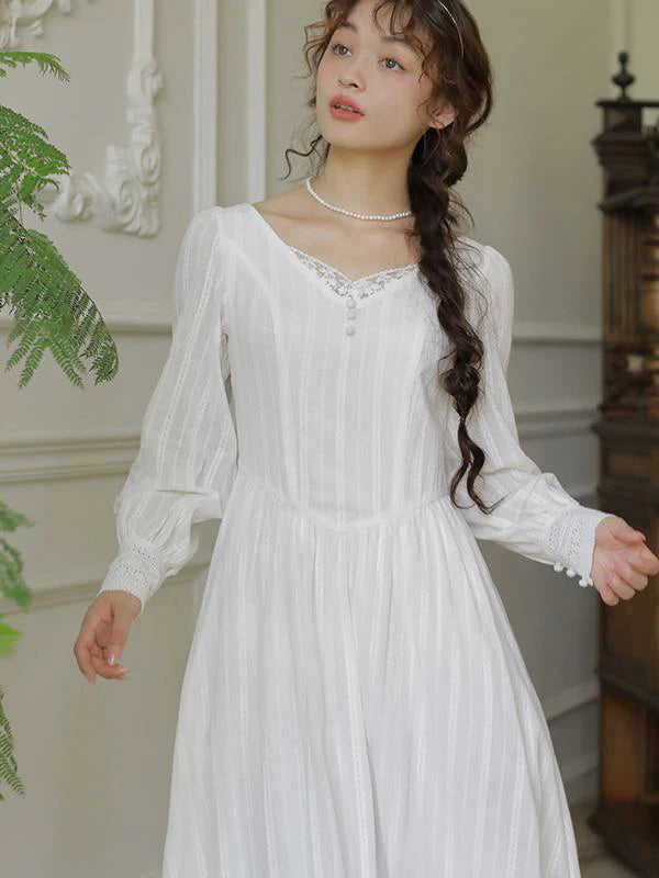 Victorian Elegance Long White Lace Dress
