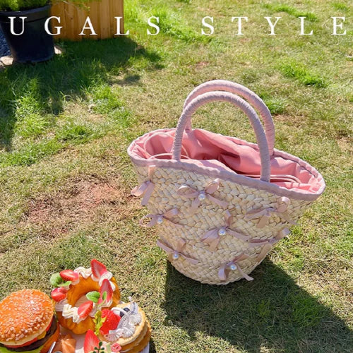 Summer Vacation Straw Ribbon Tote Bag