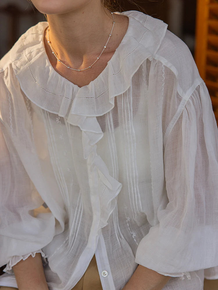 Delicate Ruffle Collar Ramie Blouse
