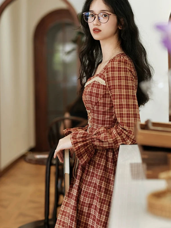 Vintage French Chic Checkered Dress