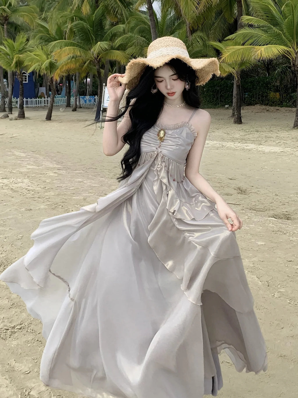 Vintage Brooch Elegance Ruffled Gown