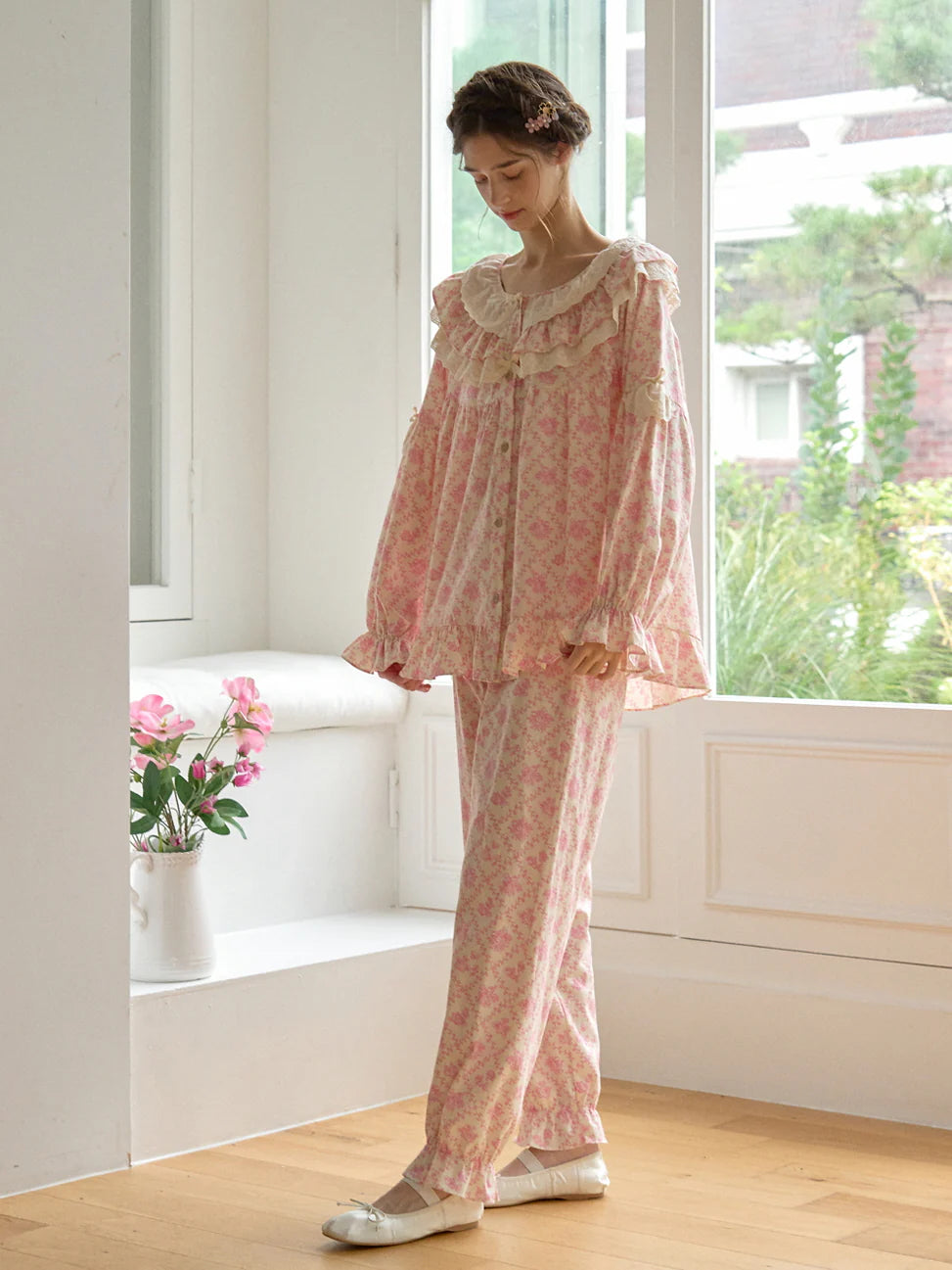 Pink Floral Lace Ruffle Loungewear Set