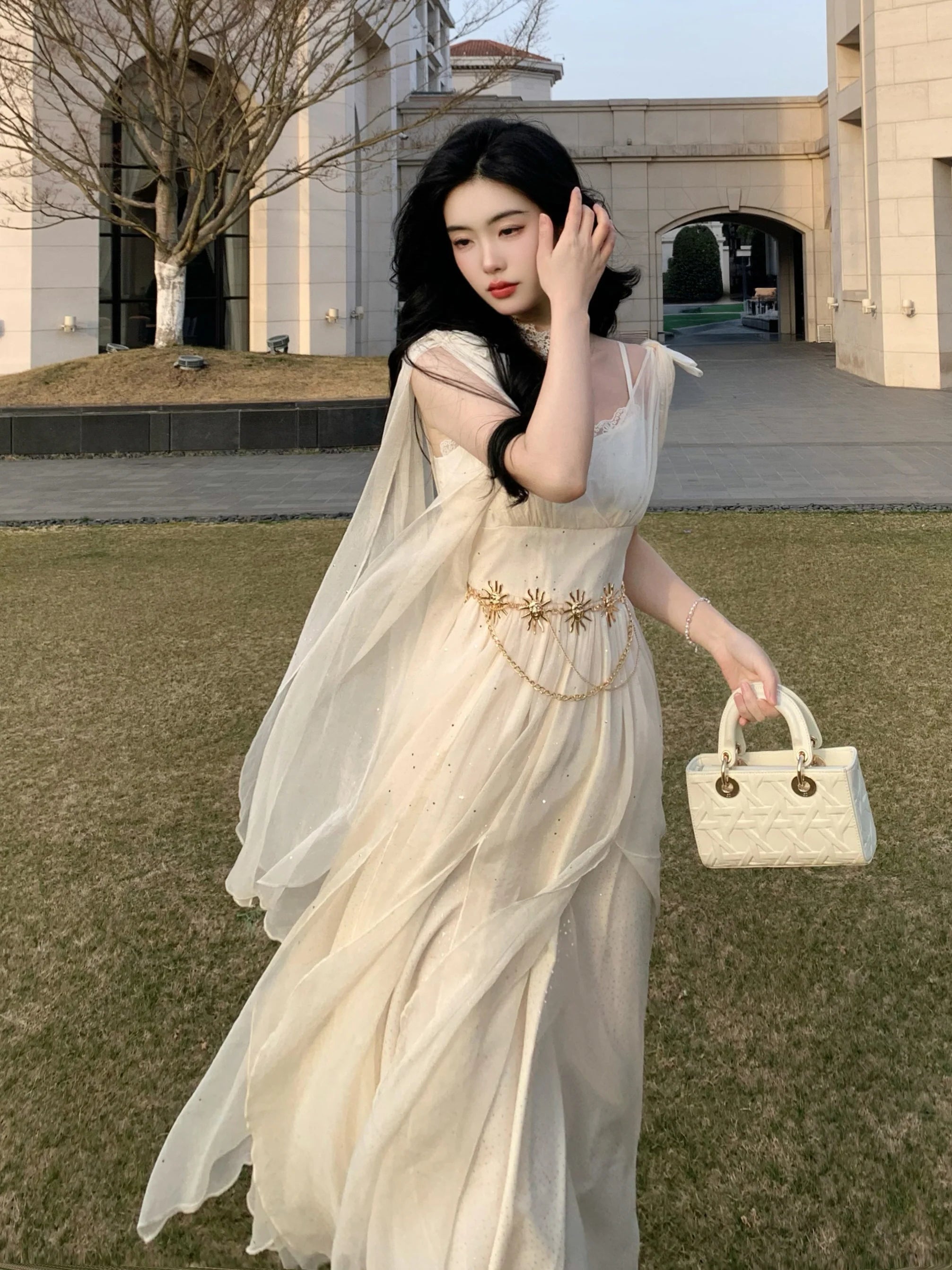 Ethereal Goddess Shimmering Silver Mesh Gown