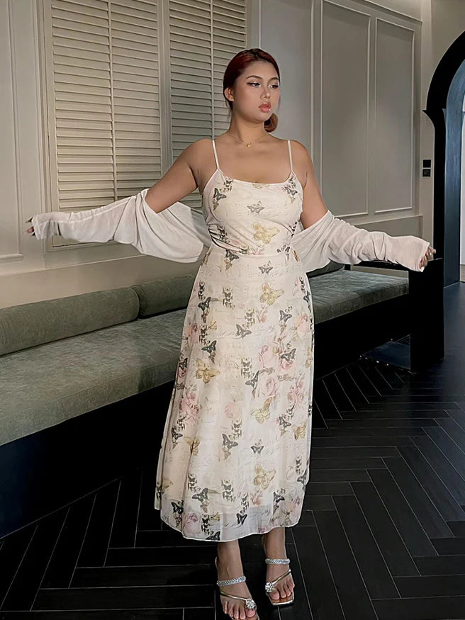 Butterfly Garden Sheer Slip Dress & Cardigan