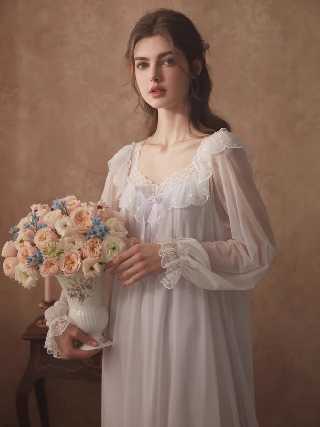 Ethereal Lace-Embroidered Long Nightdress