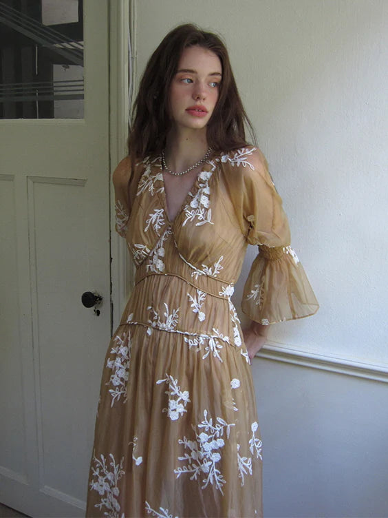 Golden Bloom Embroidered Sheer Dress