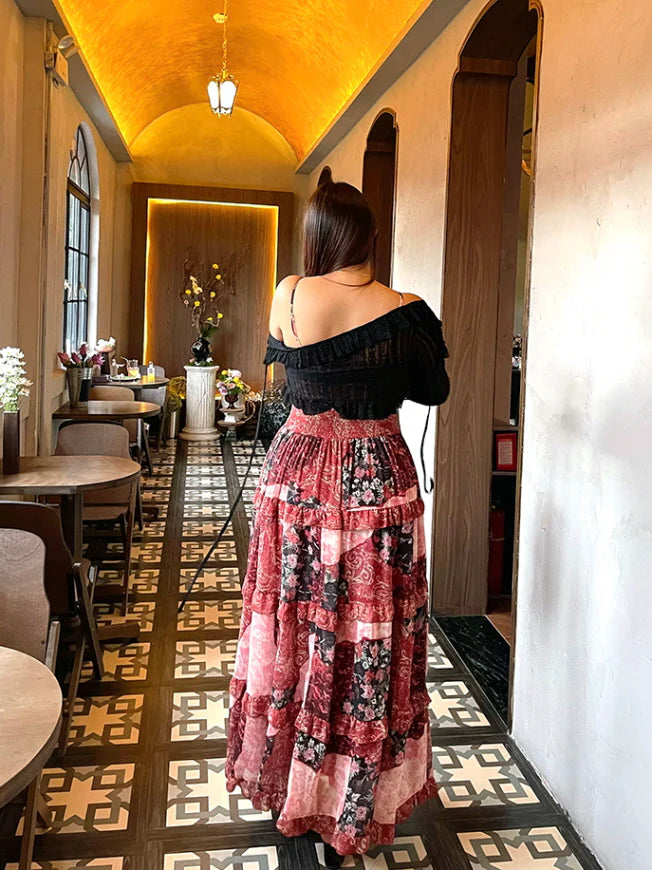 Rosy Patchwork Ruffle Maxi Dress