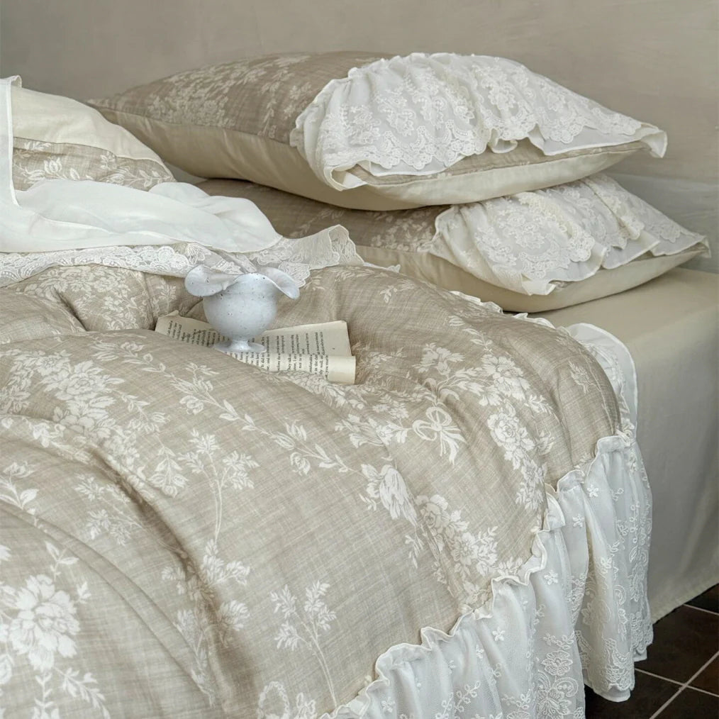 Beige Floral Lace Ruffle Bedding Set