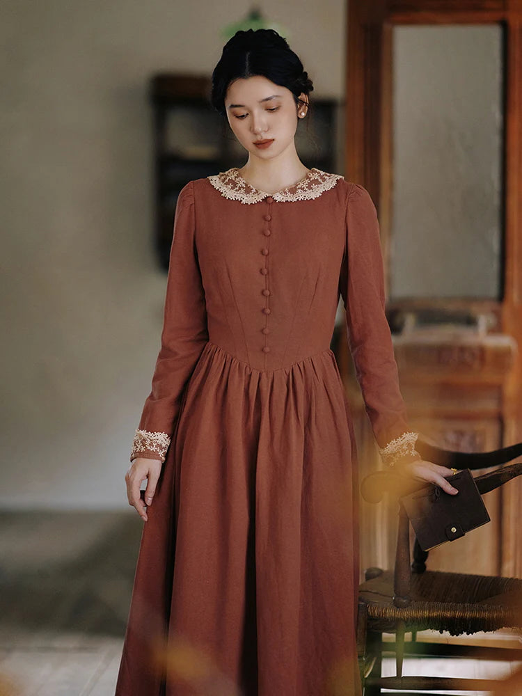 Autumn Rust Vintage Lace Collar Dress