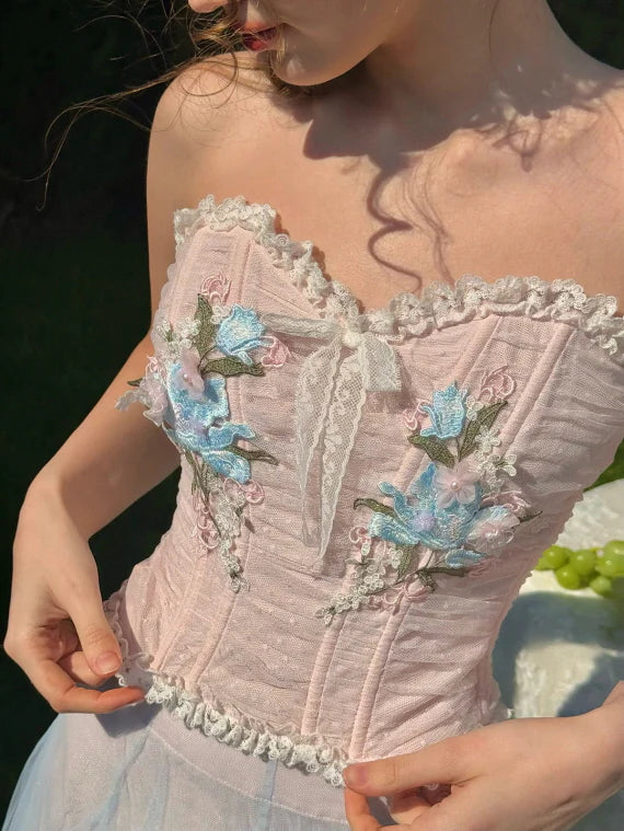 Pastel Bloom Embroidered Corset & Tulle Skirt