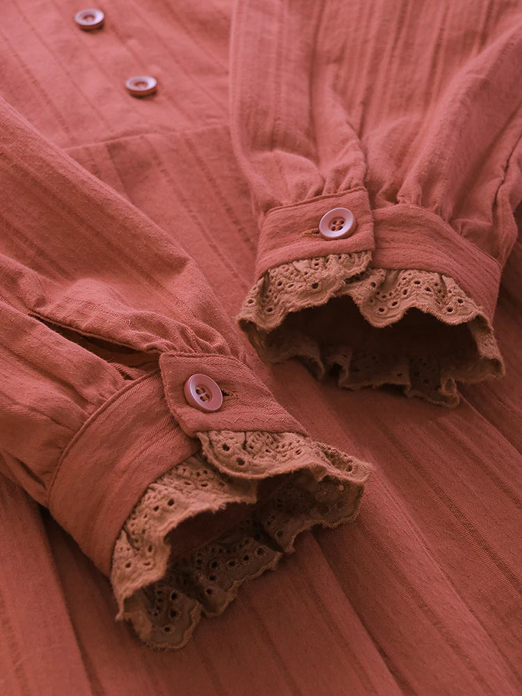 Lace-Trimmed Vintage Rust Cotton Dress
