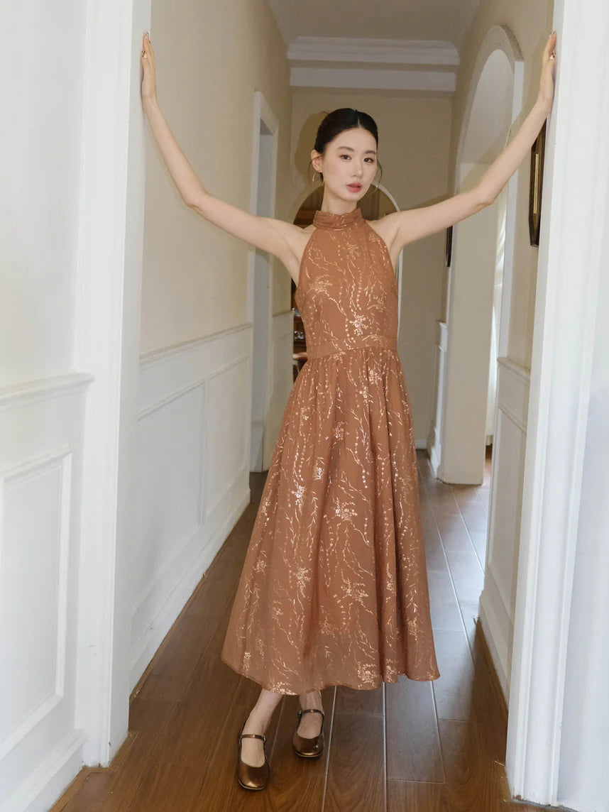 Golden Bloom Halter Dress