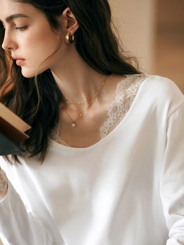 Lace Trim Soft Cotton Long Sleeve Top