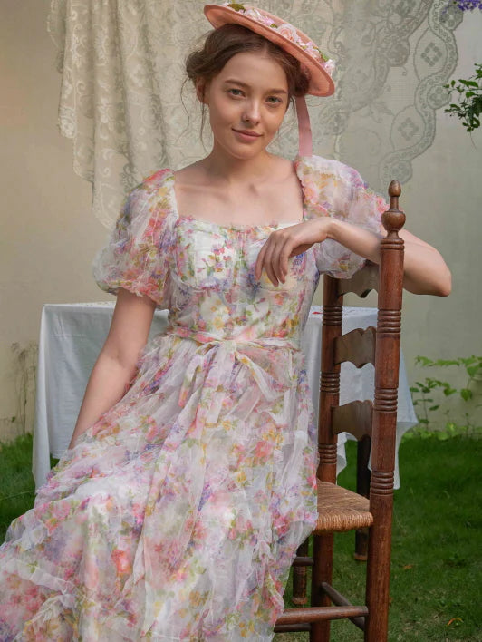 Blossom Whispers Ruffle Floral Puff Sleeve Dress