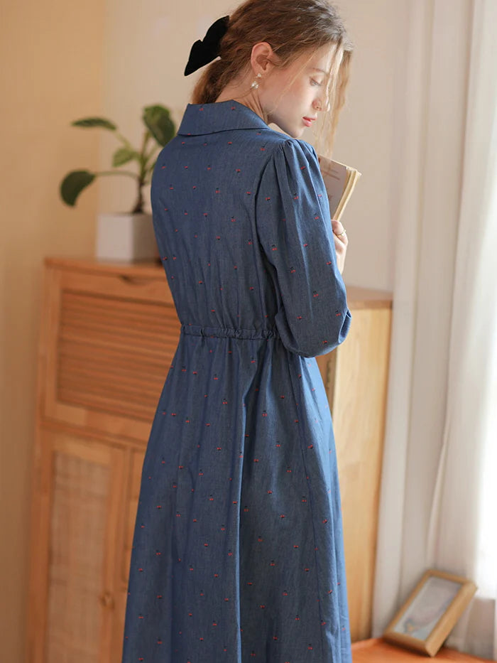 Cherry Embroidered Blue Cotton Dress