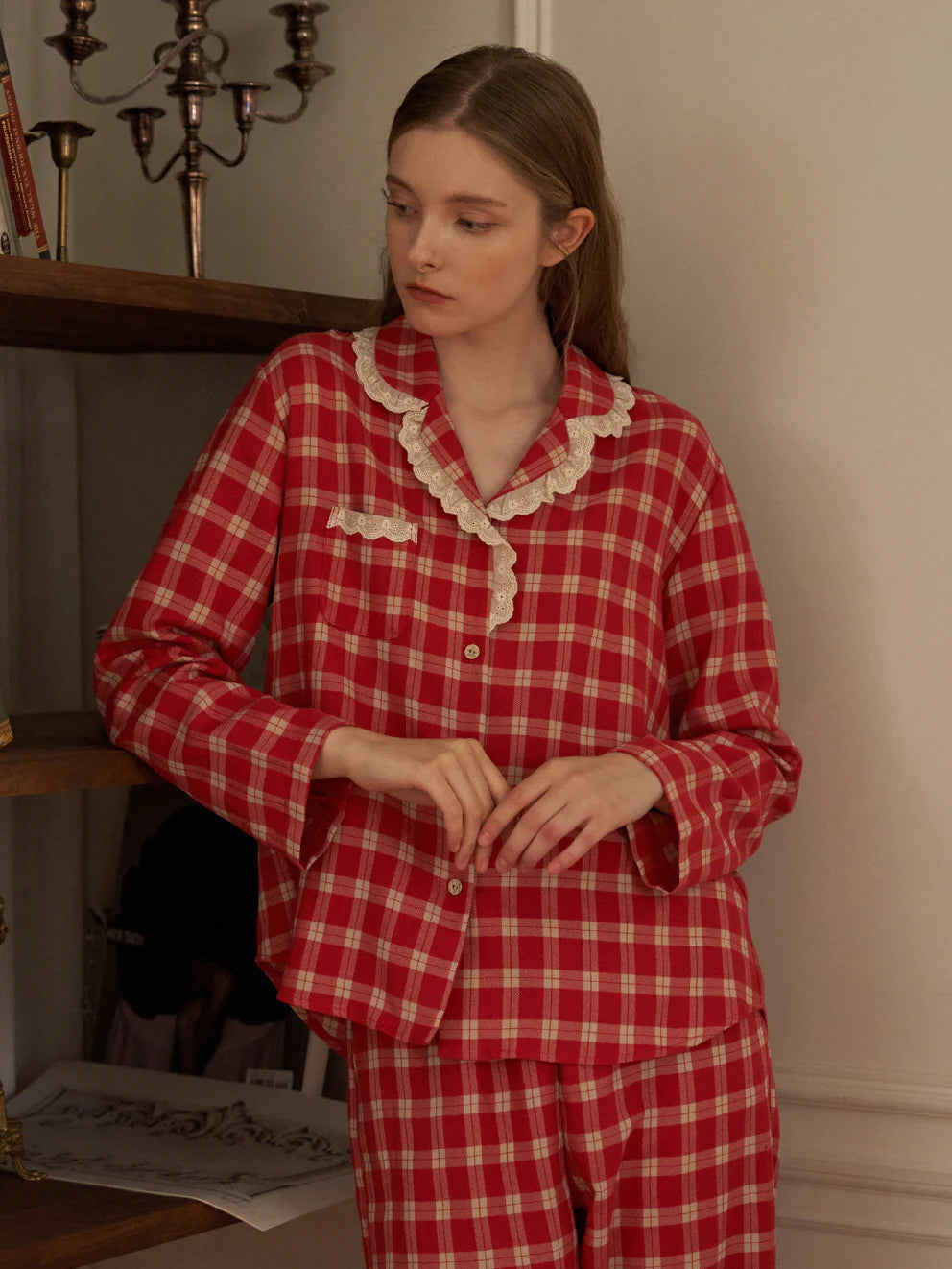 Cherrywood Check Lace Pajama Set