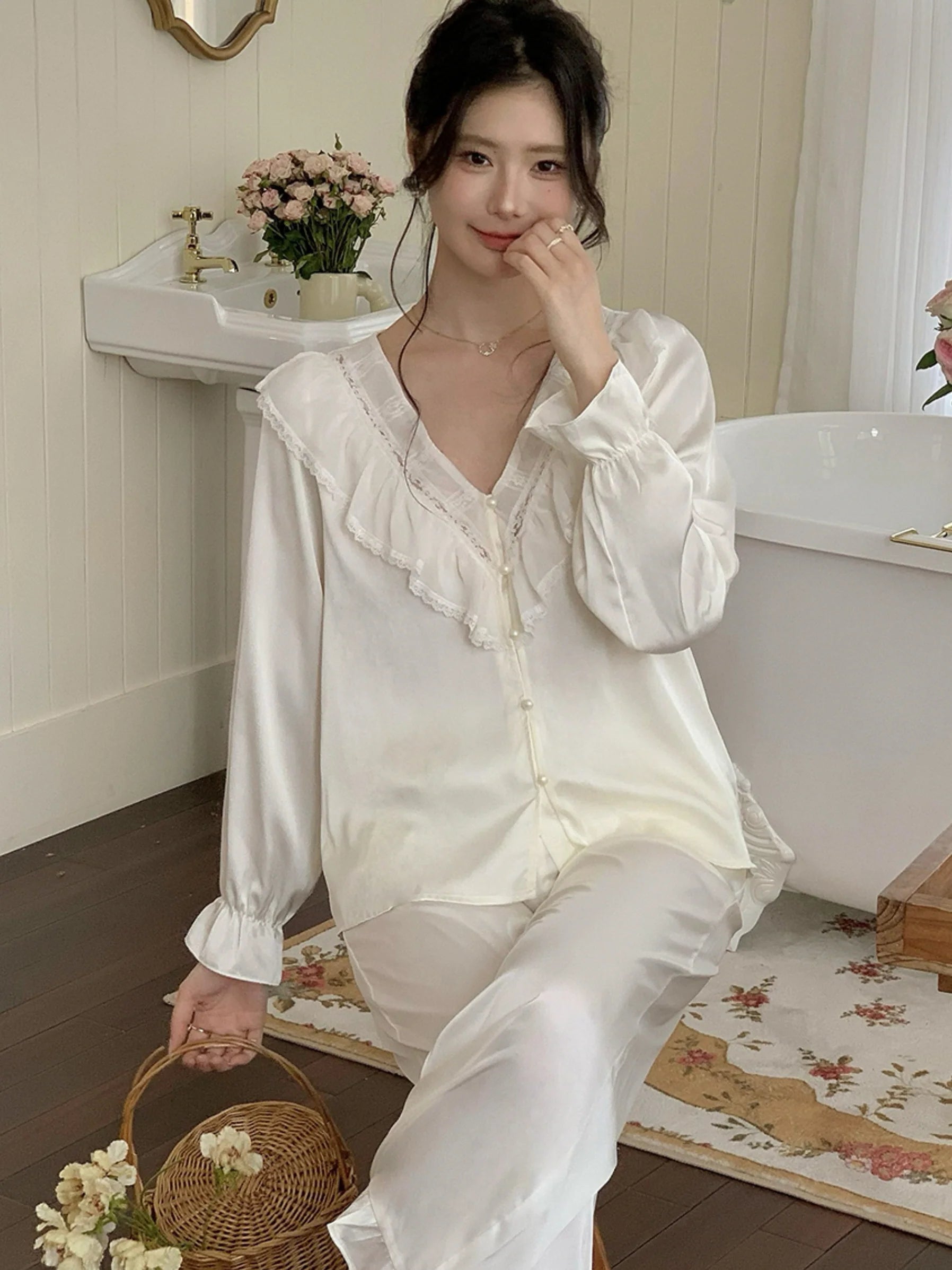 Vintage Ruffle Lace Cream Pajama Set