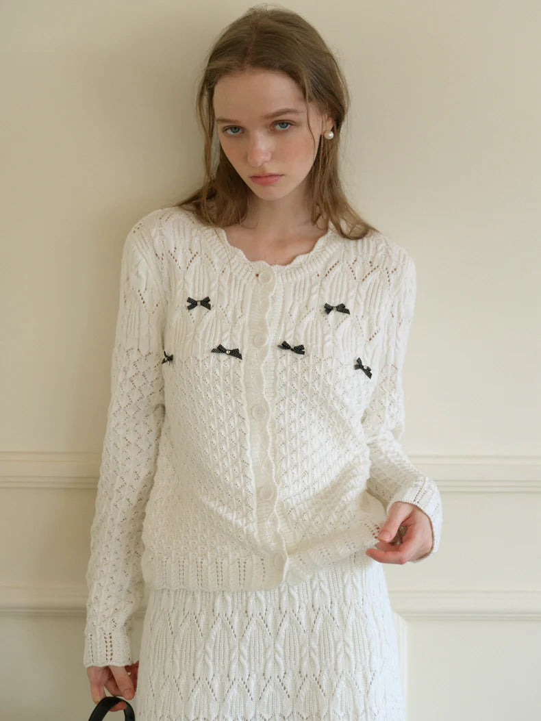 Ethereal Bow-Embellished Knit Cardigan