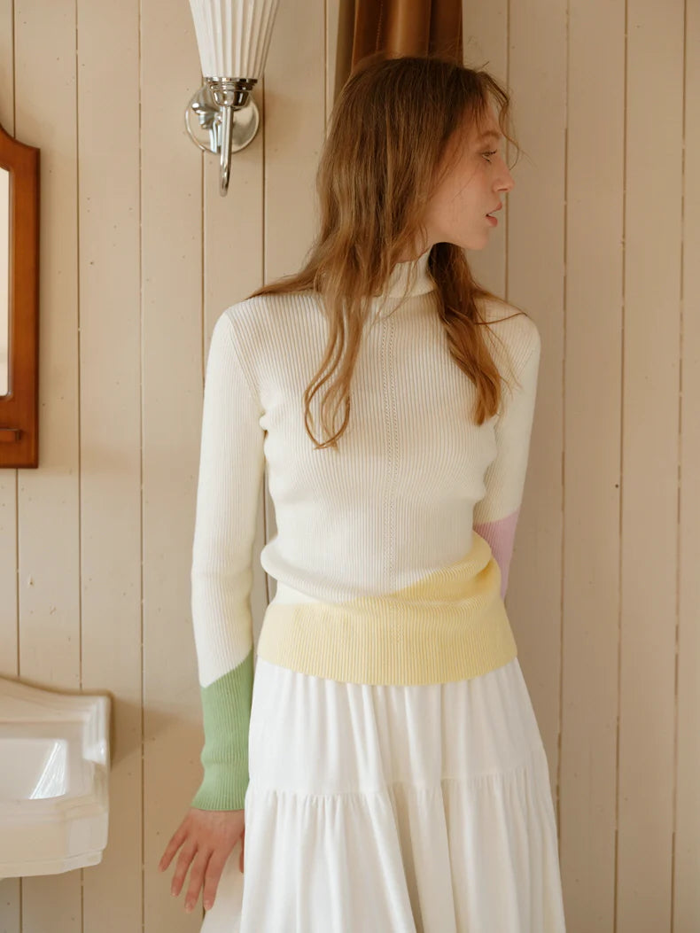 Pastel Color-Block High Neck Sweater