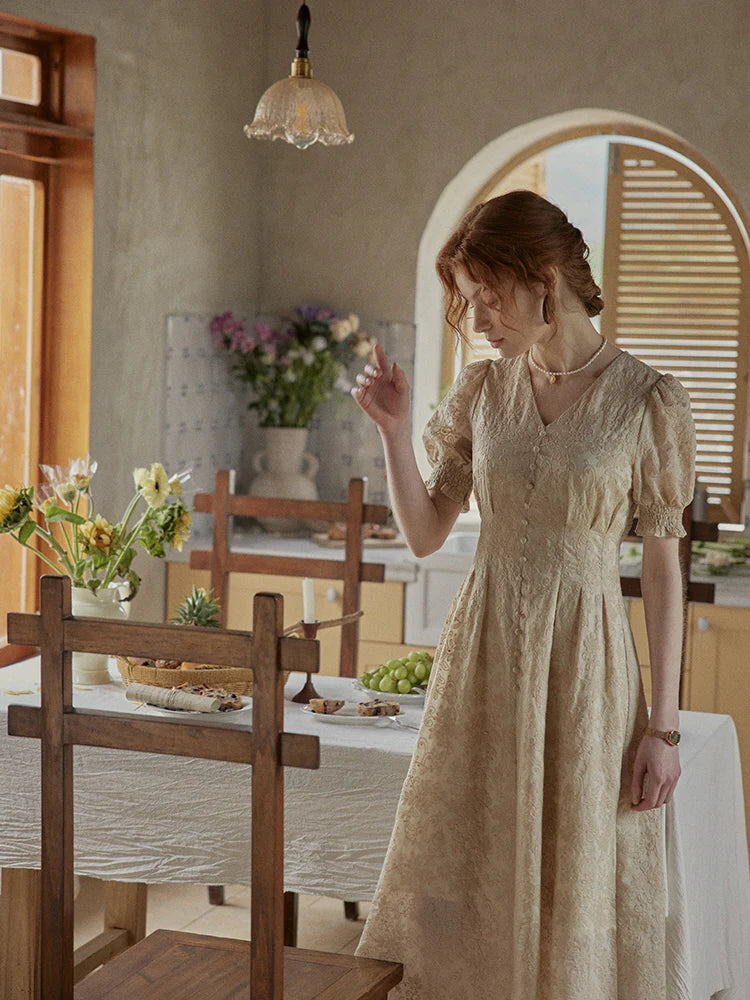 Vintage Lace Buttoned Puff Sleeve Dress