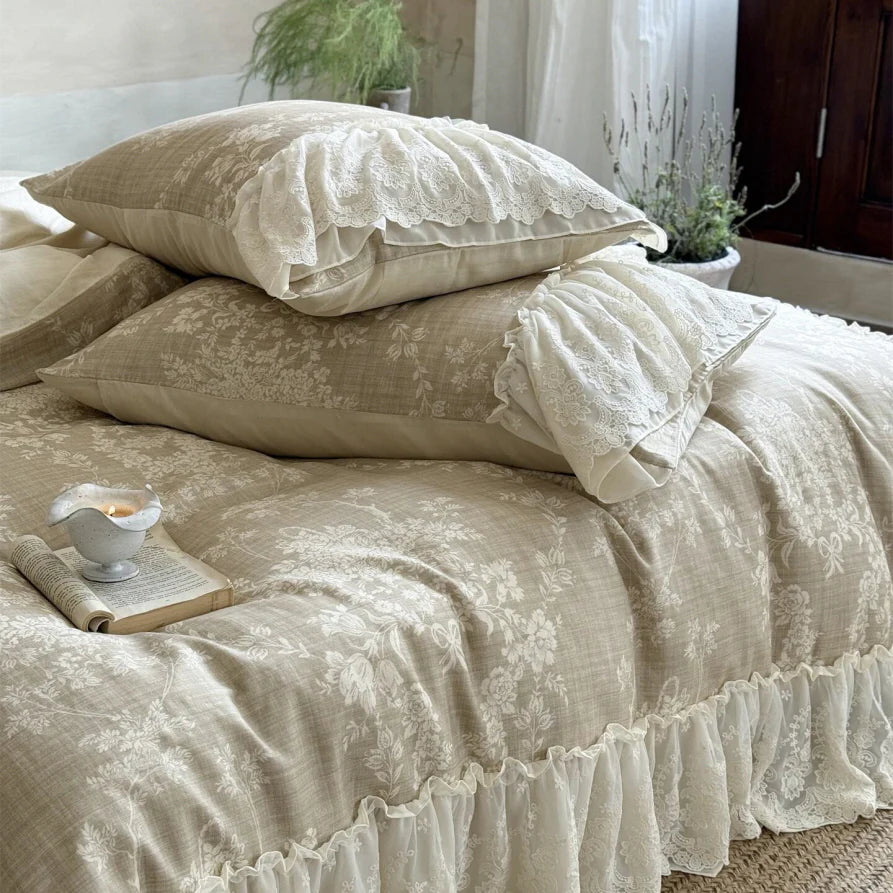Beige Floral Lace Ruffle Bedding Set