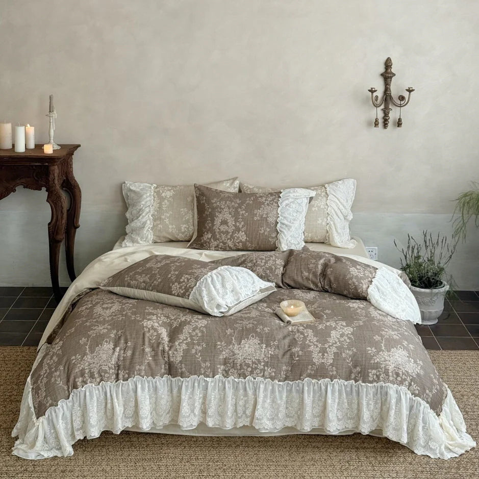 Brown Floral Lace Ruffle Bedding Set