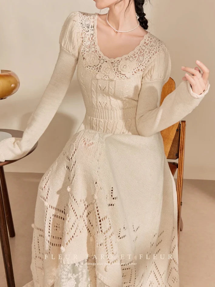 Ivory Rose Crochet Lace Knit Dress
