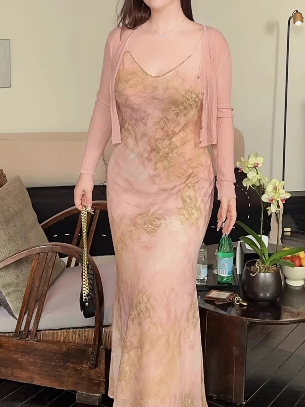 Plus Size Blush Watercolor Beaded Slip Dress