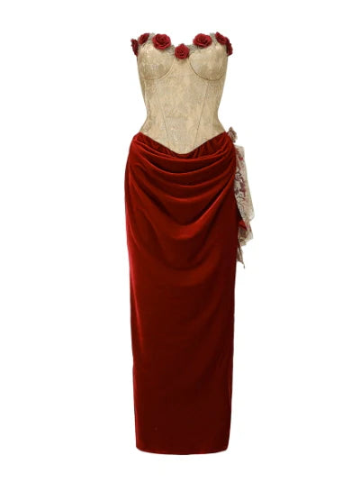 Rose Embellished Gold Corset Velvet Dress