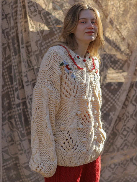 Floral Collared Cozy Knit Sweater