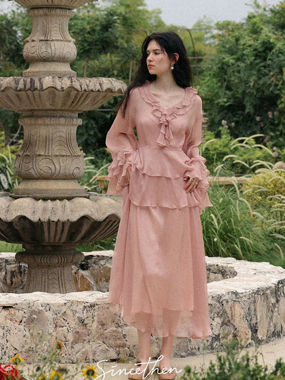 Whimsical Pink Ruffle Chiffon Blouse & Dress