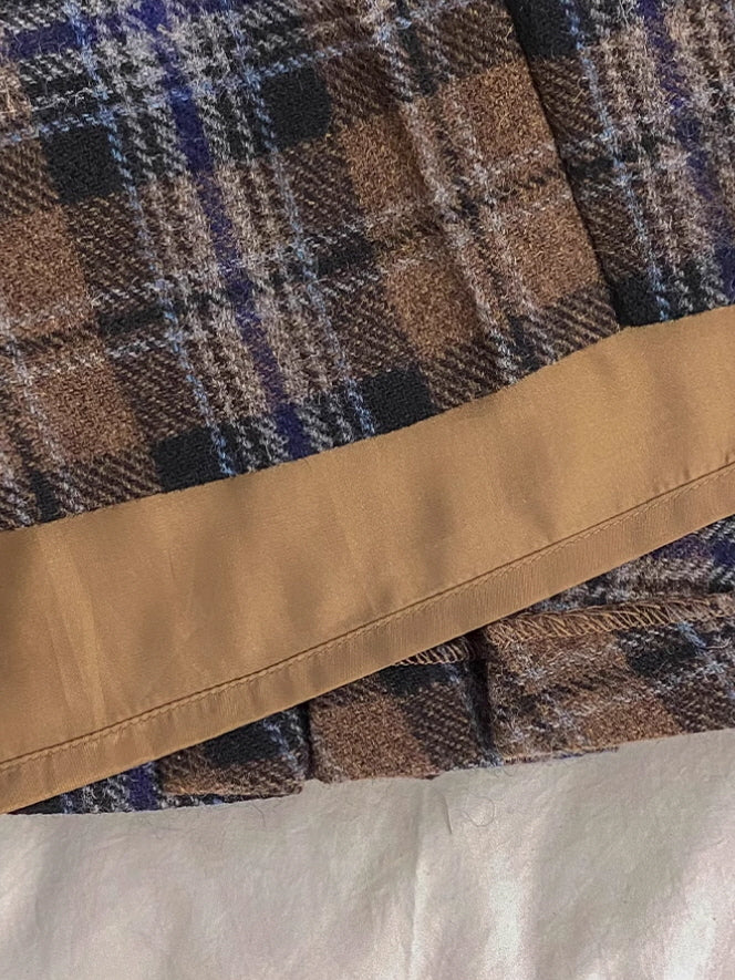 Vintage Wool Plaid Buckle Blue Checkered Skirt