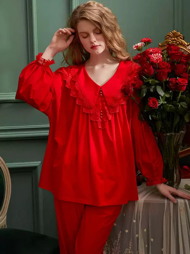 Elegant Lace-Trimmed Cotton Pajama Set