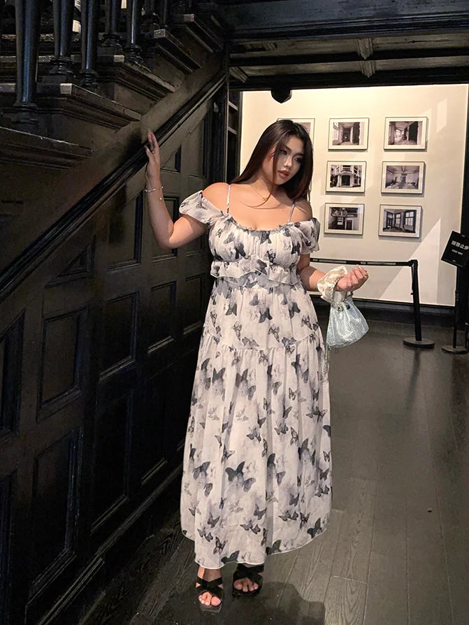 Butterfly Off-Shoulder Chiffon Dress