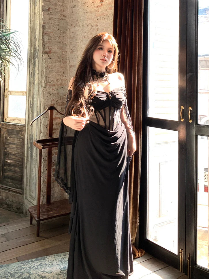 Ethereal Black Lace Drape Corset Gown