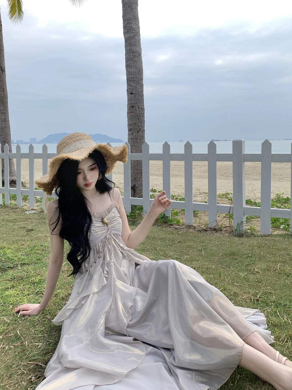 Vintage Brooch Elegance Ruffled Gown